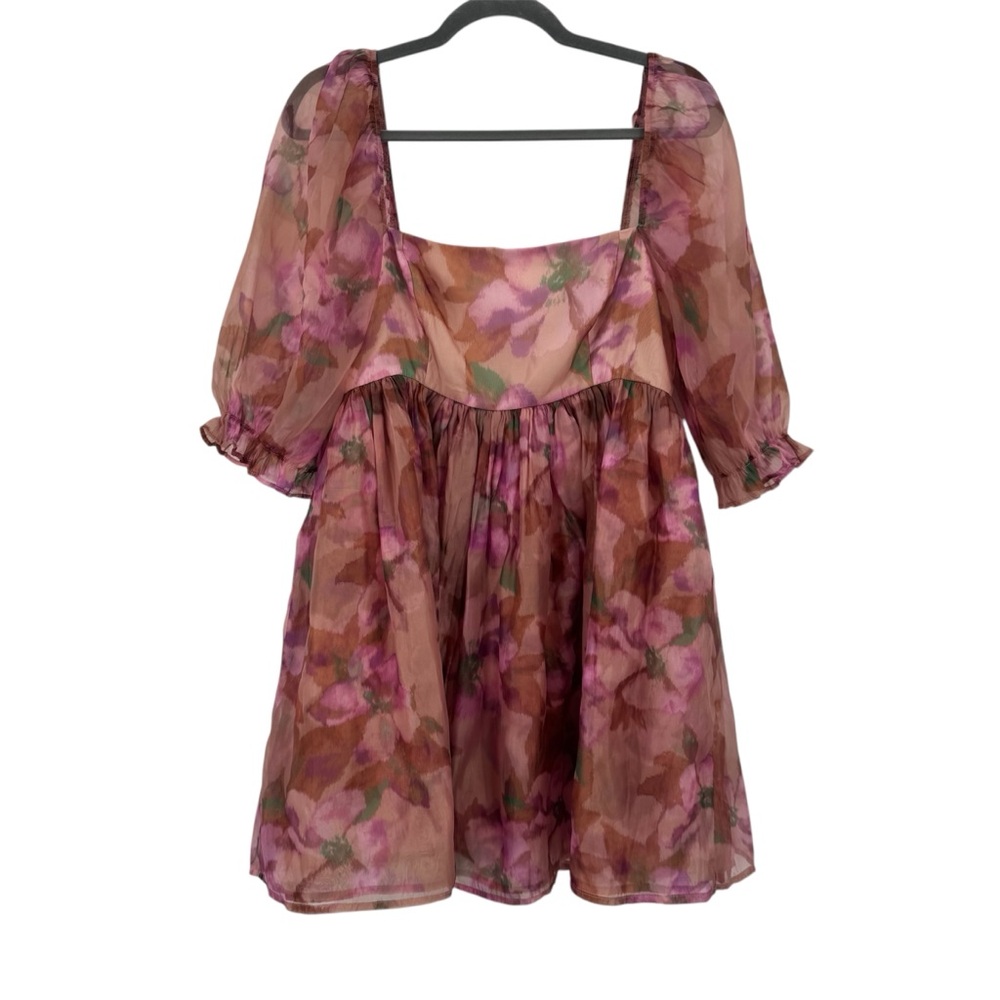 Forever 21 Pink and Brown Floral Puff-Sleeve Mini Dress